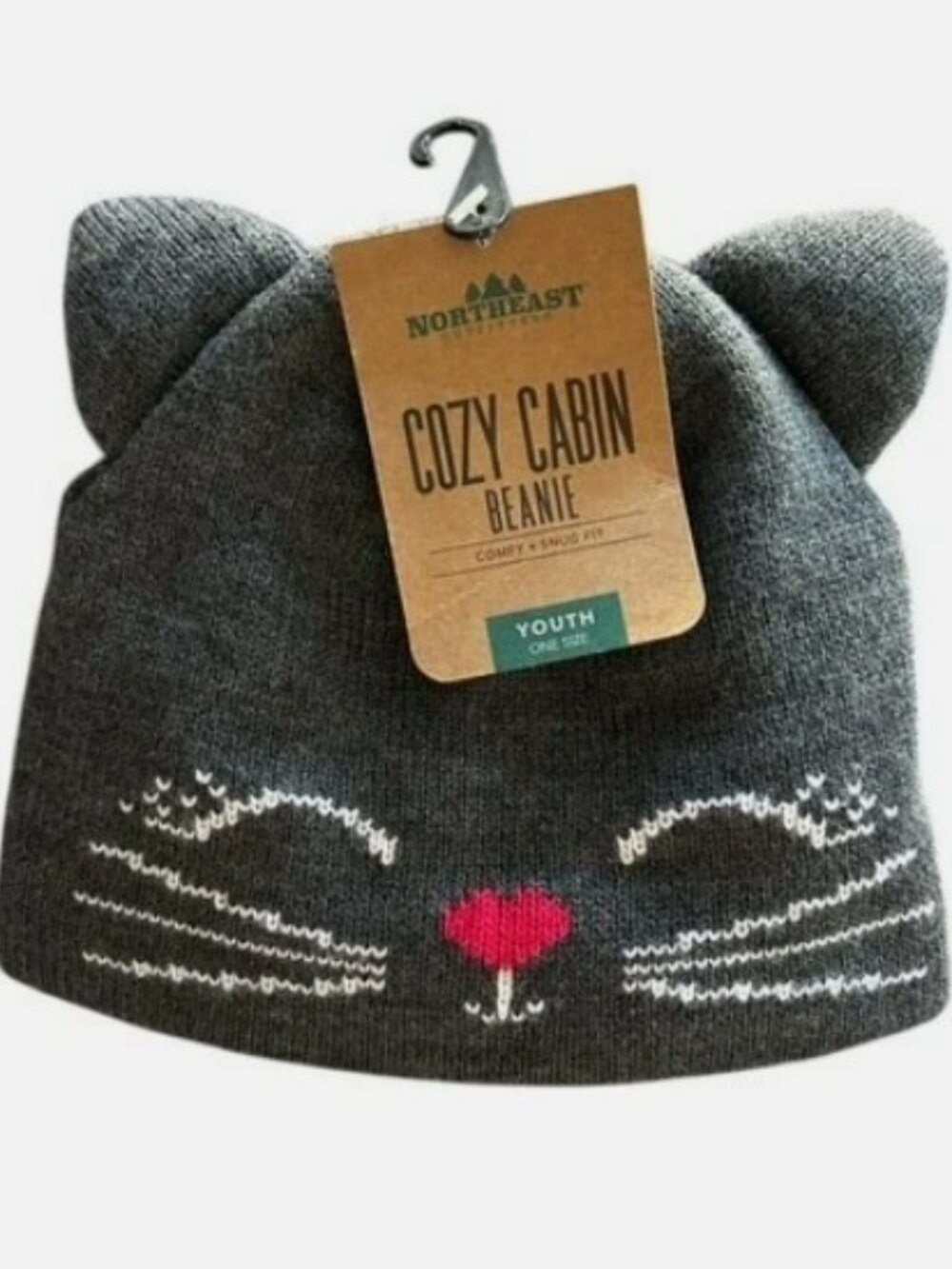 Northeast Outfitters Kids Cat Beanie Hat Charcoal Grey Whiskers Heart Nose New